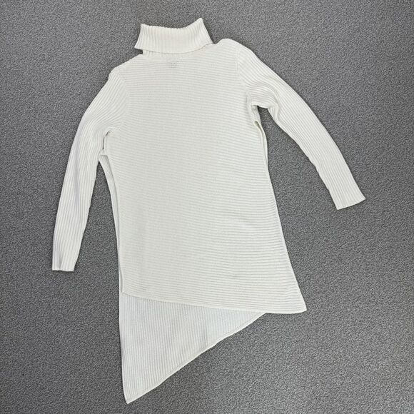 Express Ribbed Asymmetrical Hem Split Side Long Sweater Cream Large Turtle Neck - Picture 14 of 14